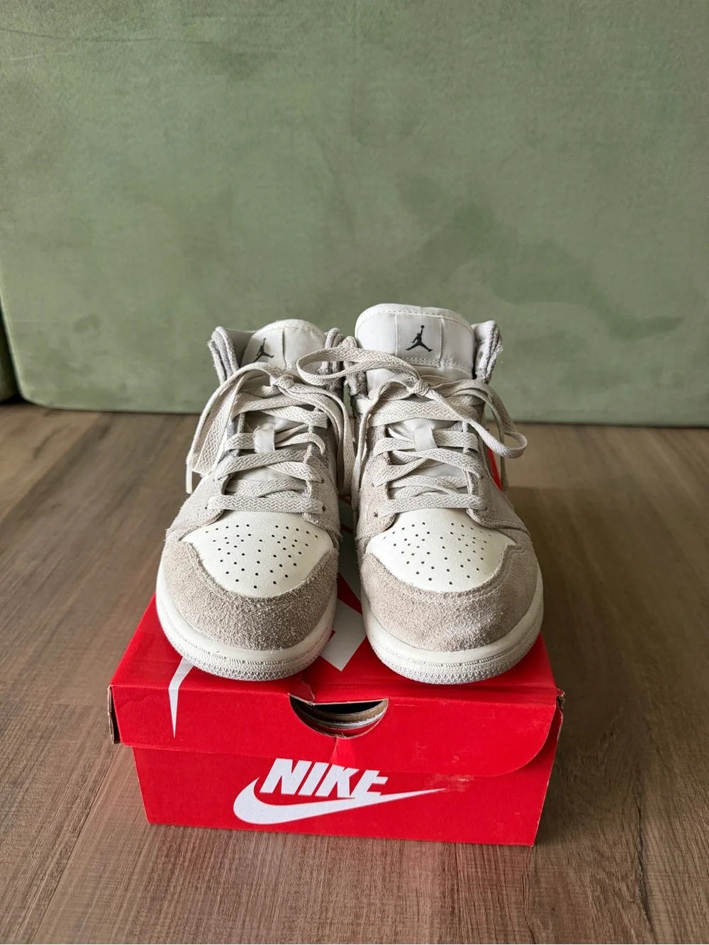 Nike Kids' Air Jordan 1 Mid White and suede Gray Sneakers